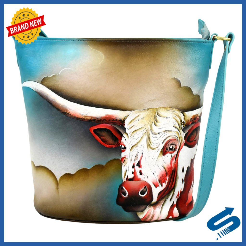 Hand-Painted Leather Bucket Tote Bag Elegant Functional Crossbody Shoulder Bag